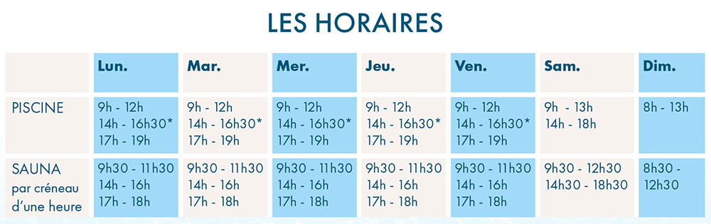 Horaires piscine été 2018